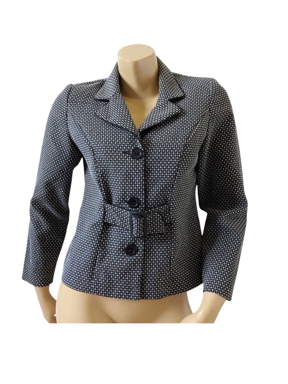 Sweet Suit Blazer Jacket Womens Petite 6P Black White Belted Vintage Career